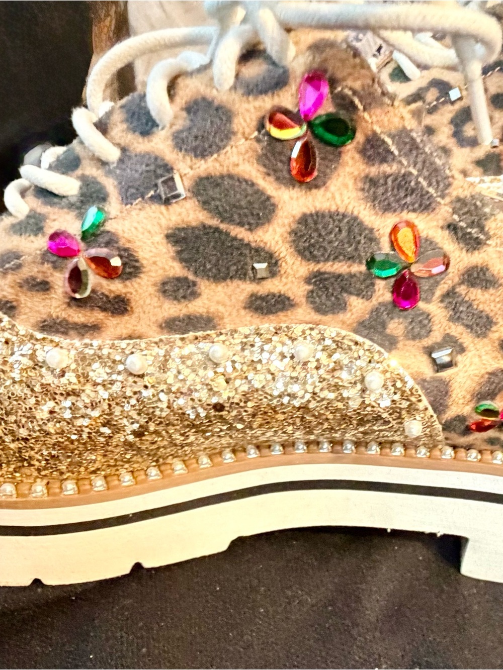 Betsey Johnson Gold Glitter Leopard Platform Sneaker with Multicolor Gem Flowers - Picture 16 of 16